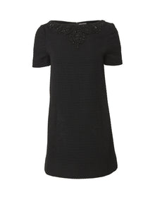 Embroidered Short Sleeve Boat Neck Shift Mini Dress | Black