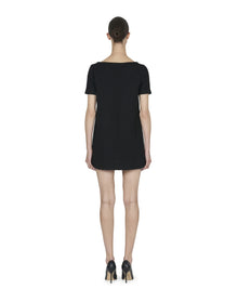 Embroidered Short Sleeve Boat Neck Shift Mini Dress | Black