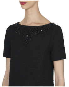 Embroidered Short Sleeve Boat Neck Shift Mini Dress | Black