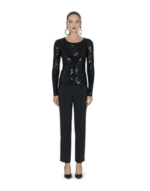 Embroidered Long Sleeve Crewneck Sequinned Knit Top | Black