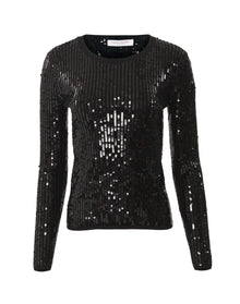 Embroidered Long Sleeve Crewneck Sequinned Knit Top | Black