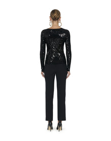 Embroidered Long Sleeve Crewneck Sequinned Knit Top | Black