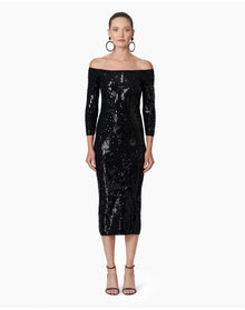 Embroidered 3/4 Sleeve Off Shoulder Knit Column Dress | Black