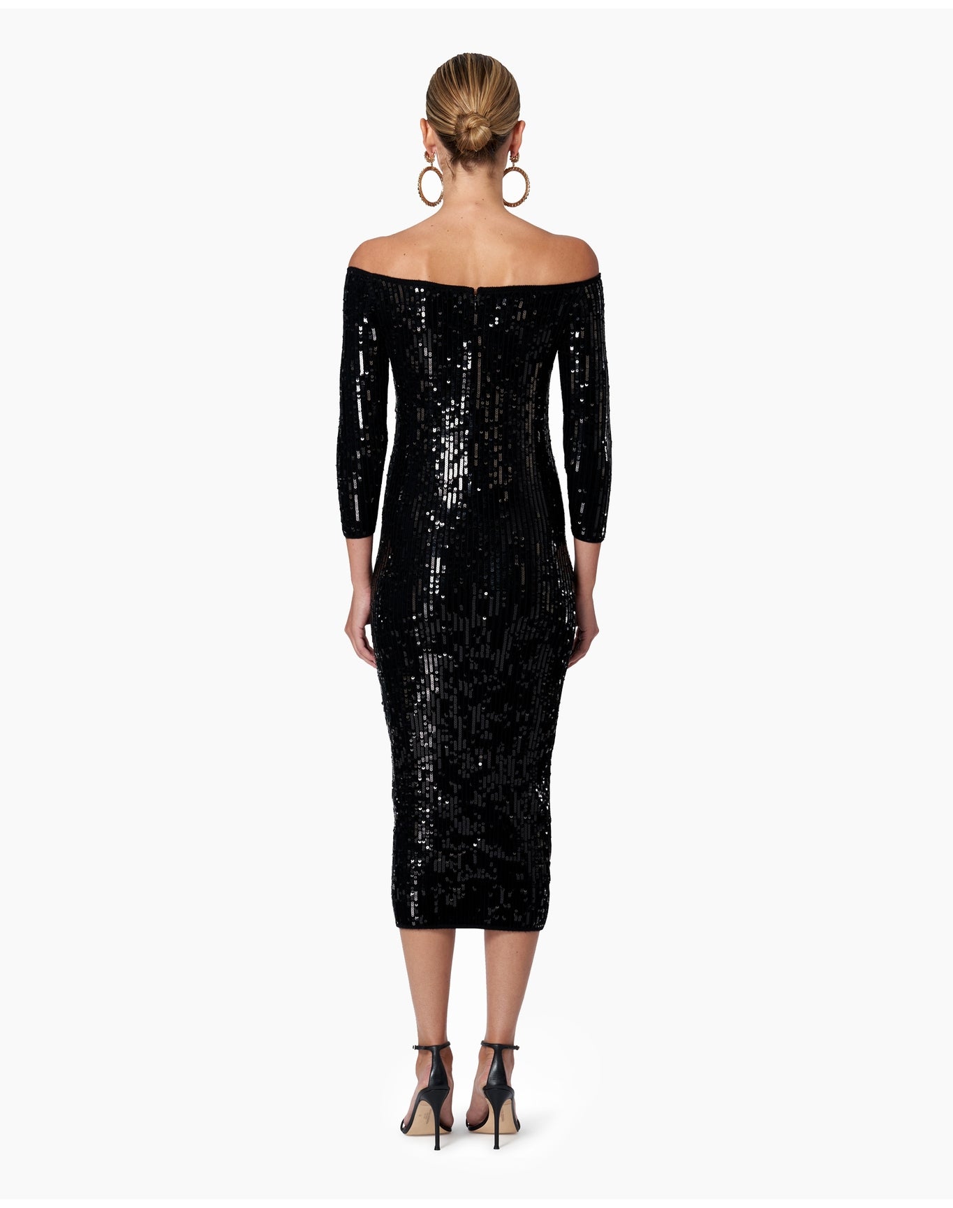 Embroidered 3/4 Sleeve Off Shoulder Knit Column Dress | Black