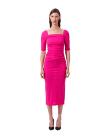 Elbow Sleeve Square Neck Ruched Midi Dress | Cerise Pink