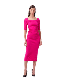 Elbow Sleeve Square Neck Ruched Midi Dress | Cerise Pink