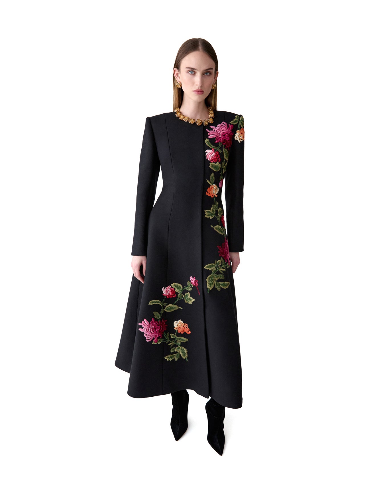 Embroidered Collarless A-Line Coat | Black Multi