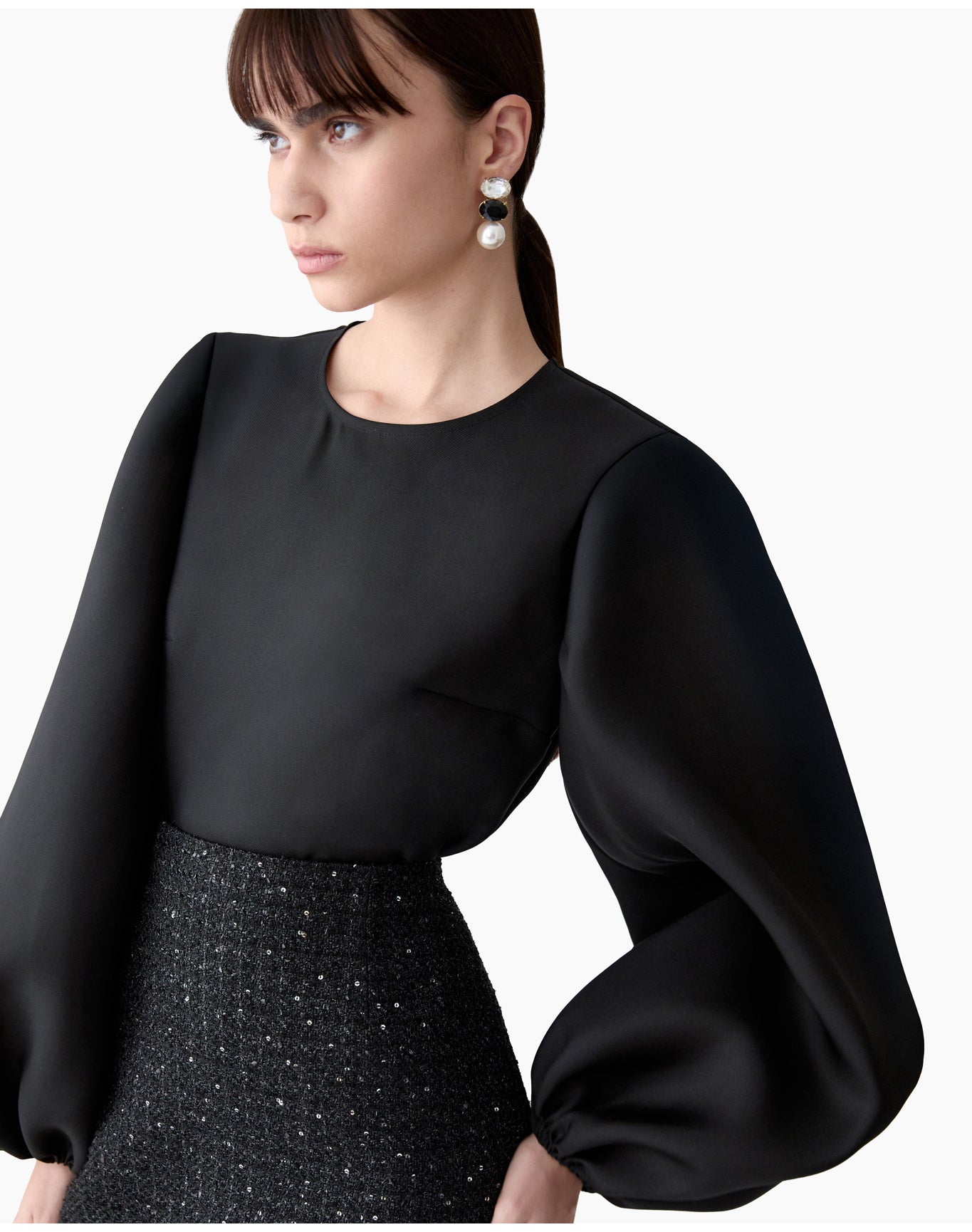Puff Sleeve Crewneck Top | Black