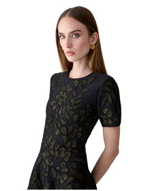 Short Sleeve Crewneck Flare Dress | Black/Gold
