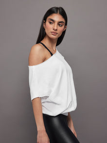 Carbon38 | Short Sleeve Off Shoulder Sweatshirt In French Terry | White