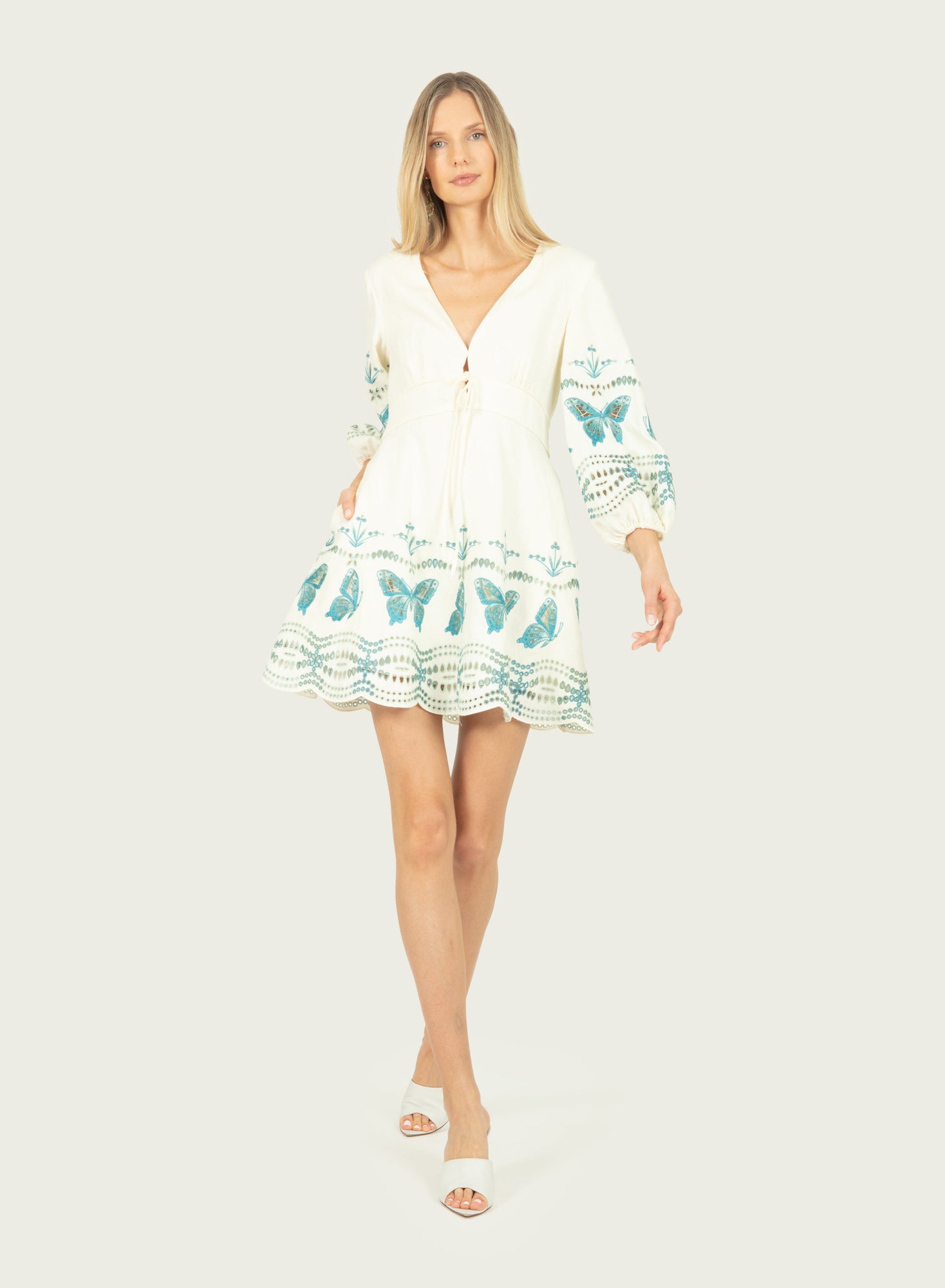 Priscilla Dress | Creme x Multi-Blue Embroidery