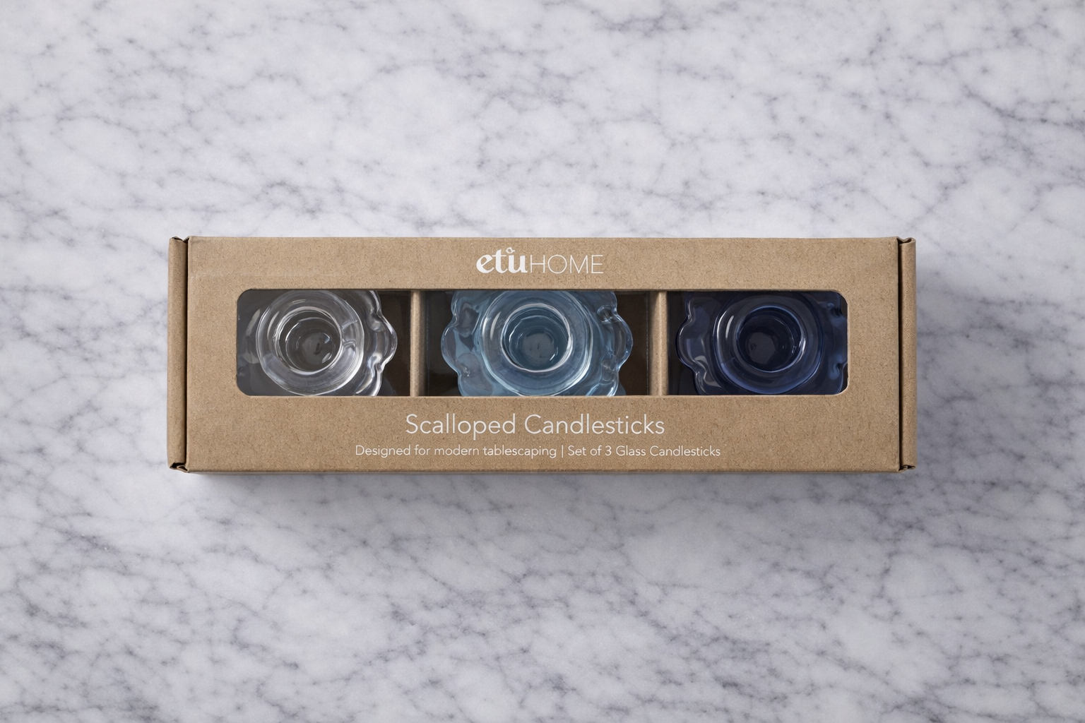 Glass Scalloped Candlesticks | Blue | Set of 3