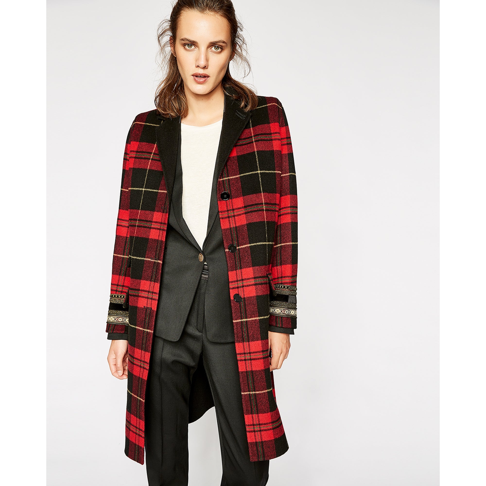 Checked Wool Mix Coat | Women | Black x Red