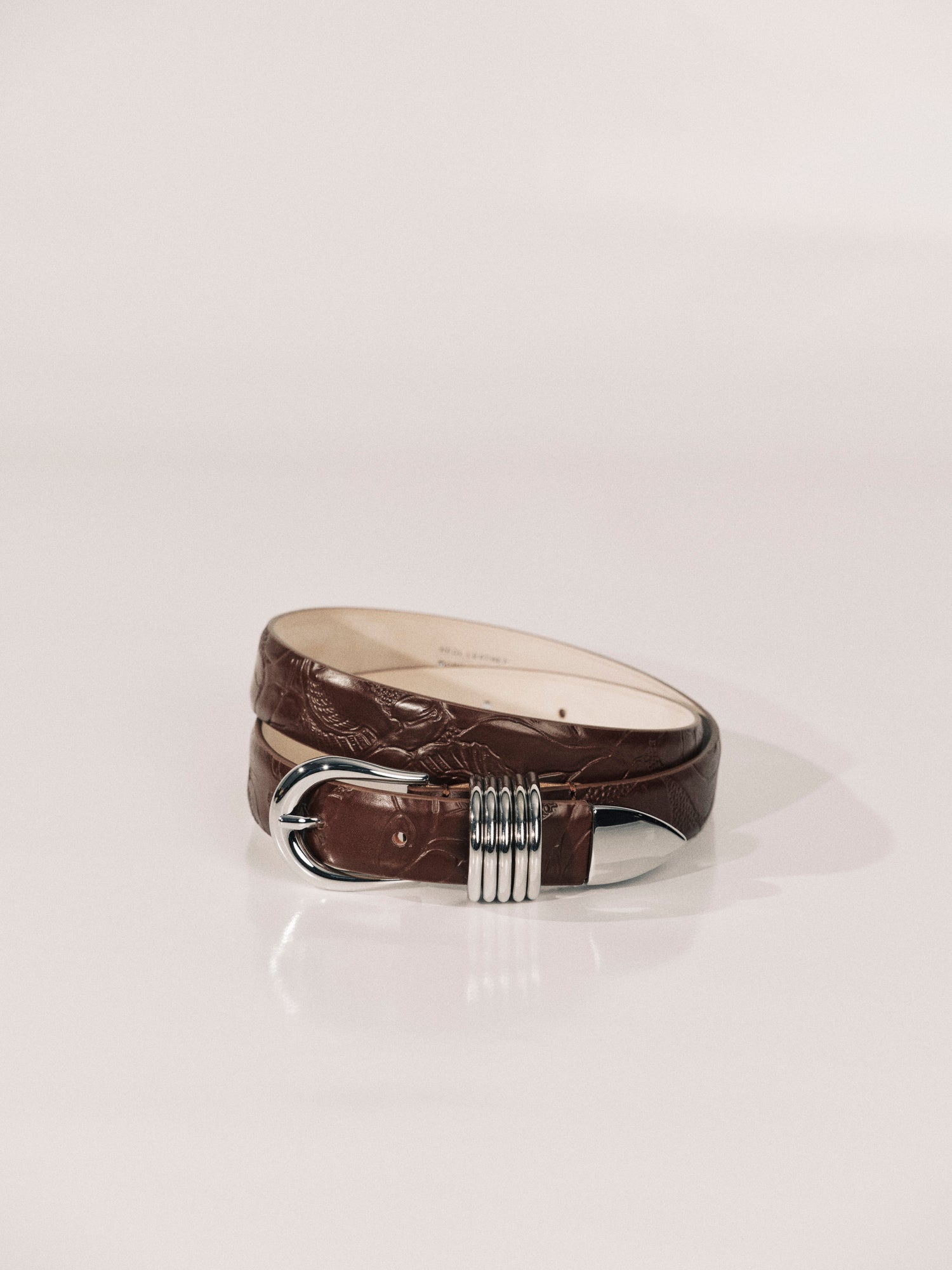 Hollyhock Leather Belt | Floral Embossed Mahogany & Silver