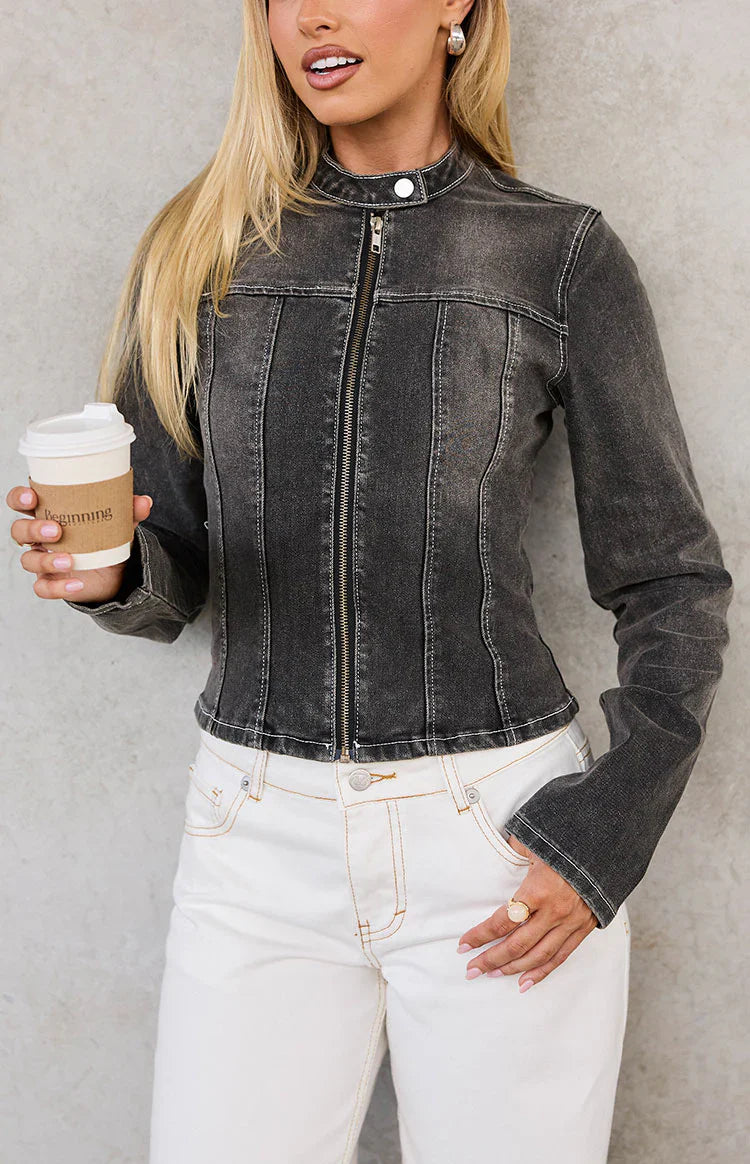 Corey Denim Biker Jacket | Black Washed