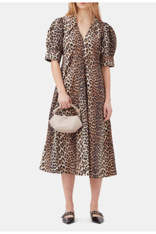 Cotton Poplin V neck Maxi Dress | Leopard