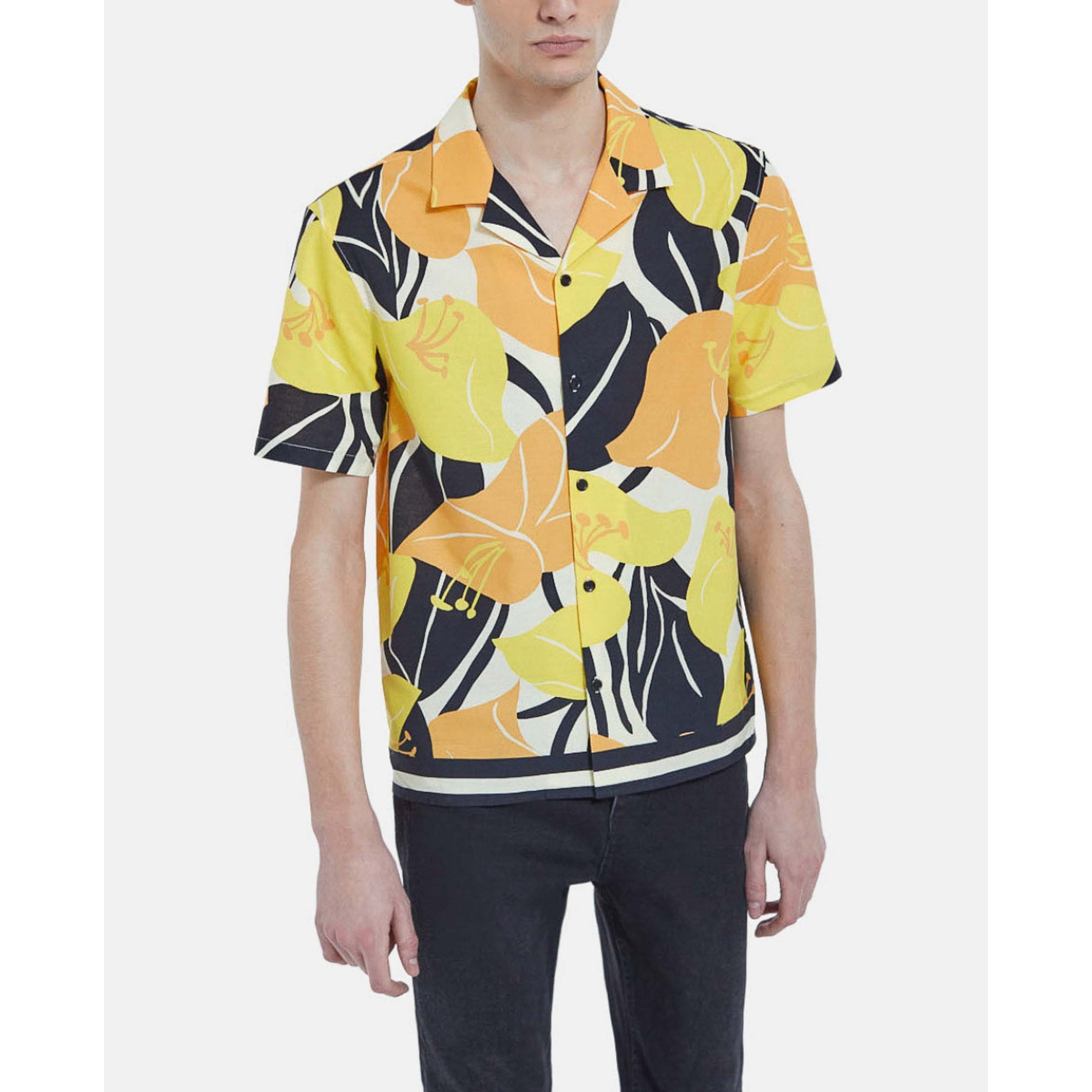 Cotton Shirt With Hibiscus Print | Men | Yellow Black