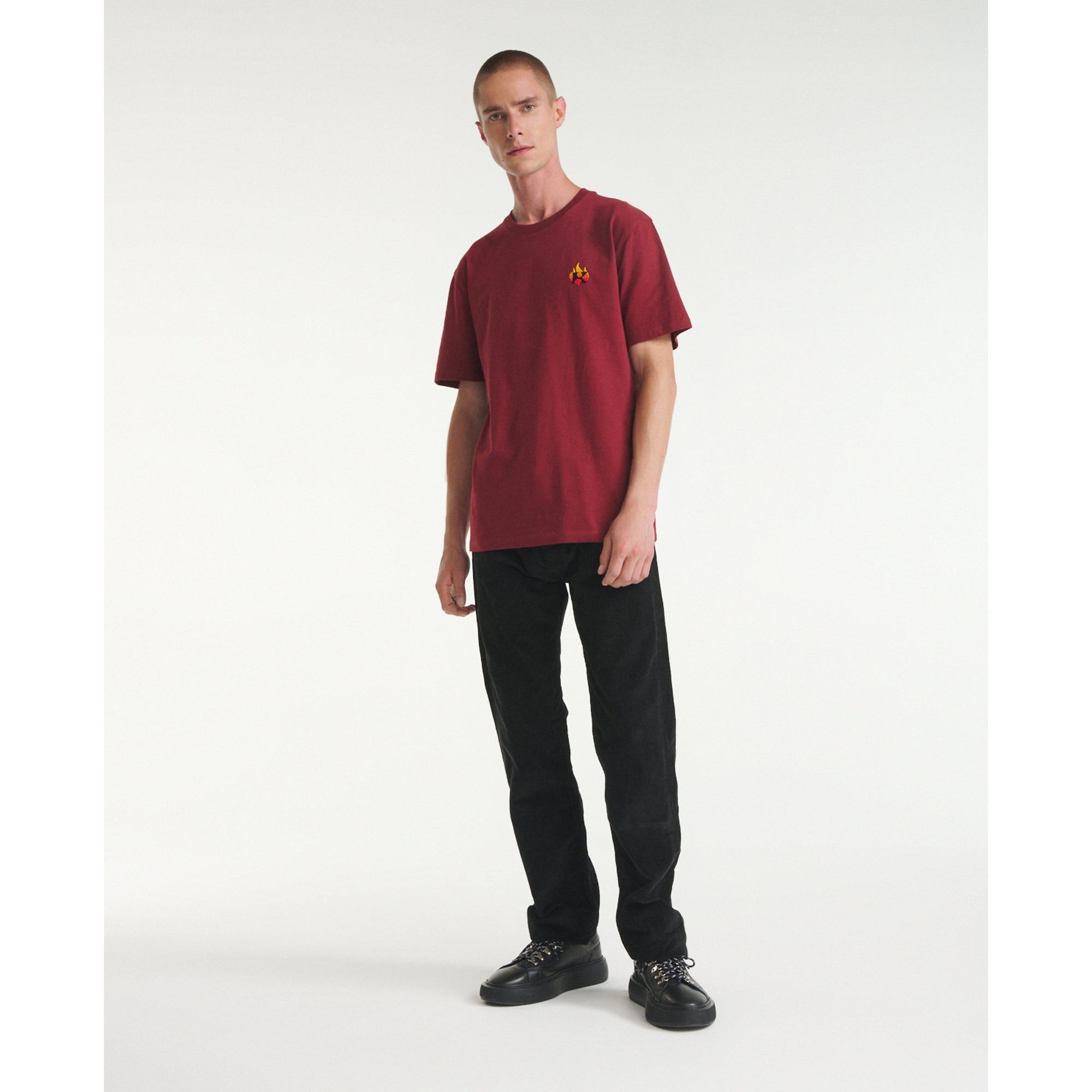 Cotton T-Shirt With Flame Embroidery | Men | Red