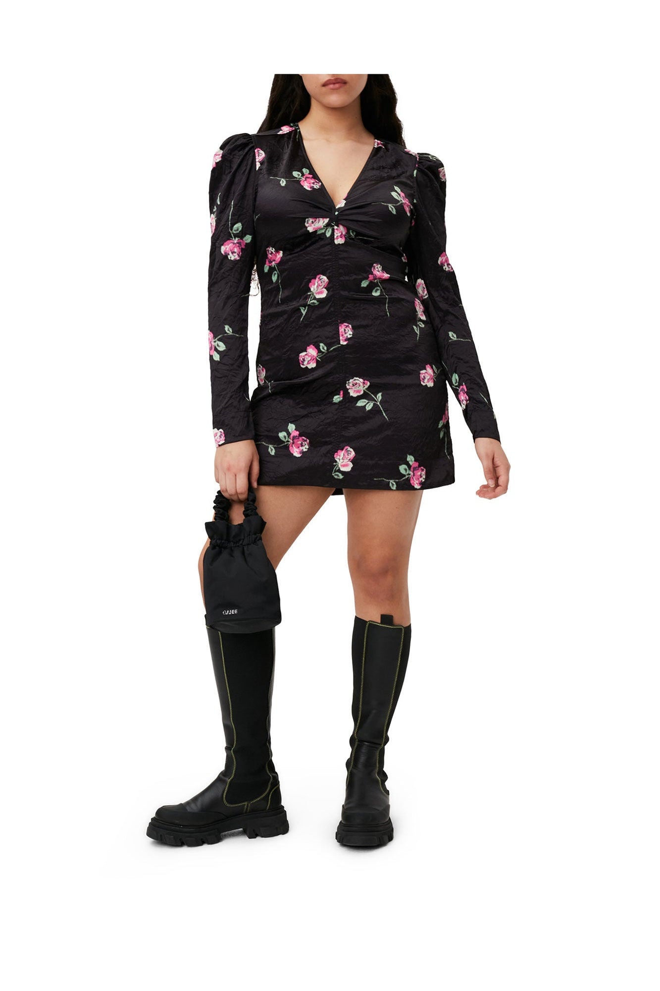 Crinkled Satin V neck Mini Dress | Black