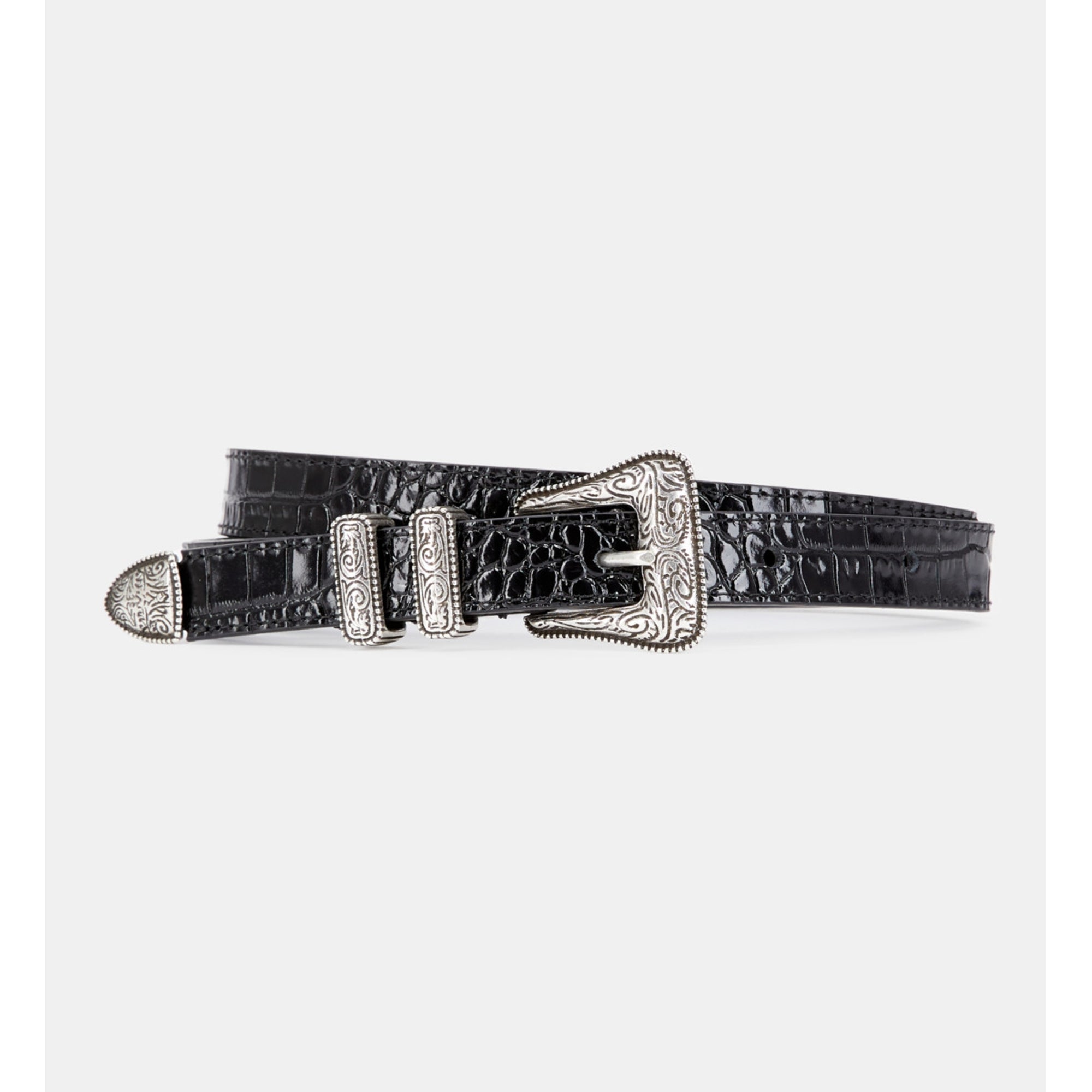 Crocodile Effect Leather Belt With Western Buckle | Women | Black