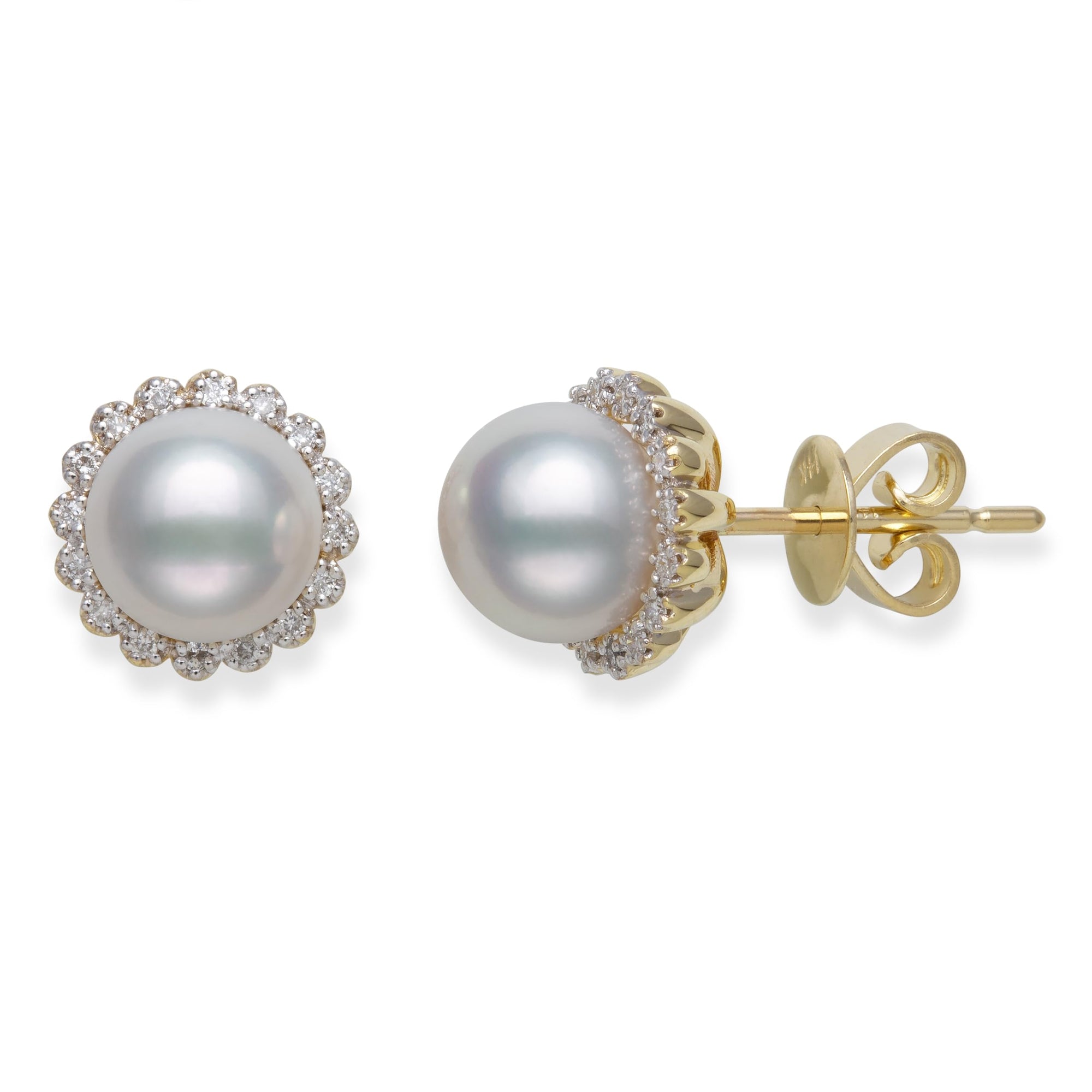Round Stud Earrings | 14K Yellow Gold | 0.25 Carat Lab Grown Diamond/White Akoya Pearl | 8mm - 9mm | H-I-I2-I3