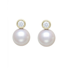 Round Stud Earrings | 14K Yellow Gold | 0.18 Carat Diamond/White Freshwater Pearl | 8mm - 9mm | H-I-I2-I3
