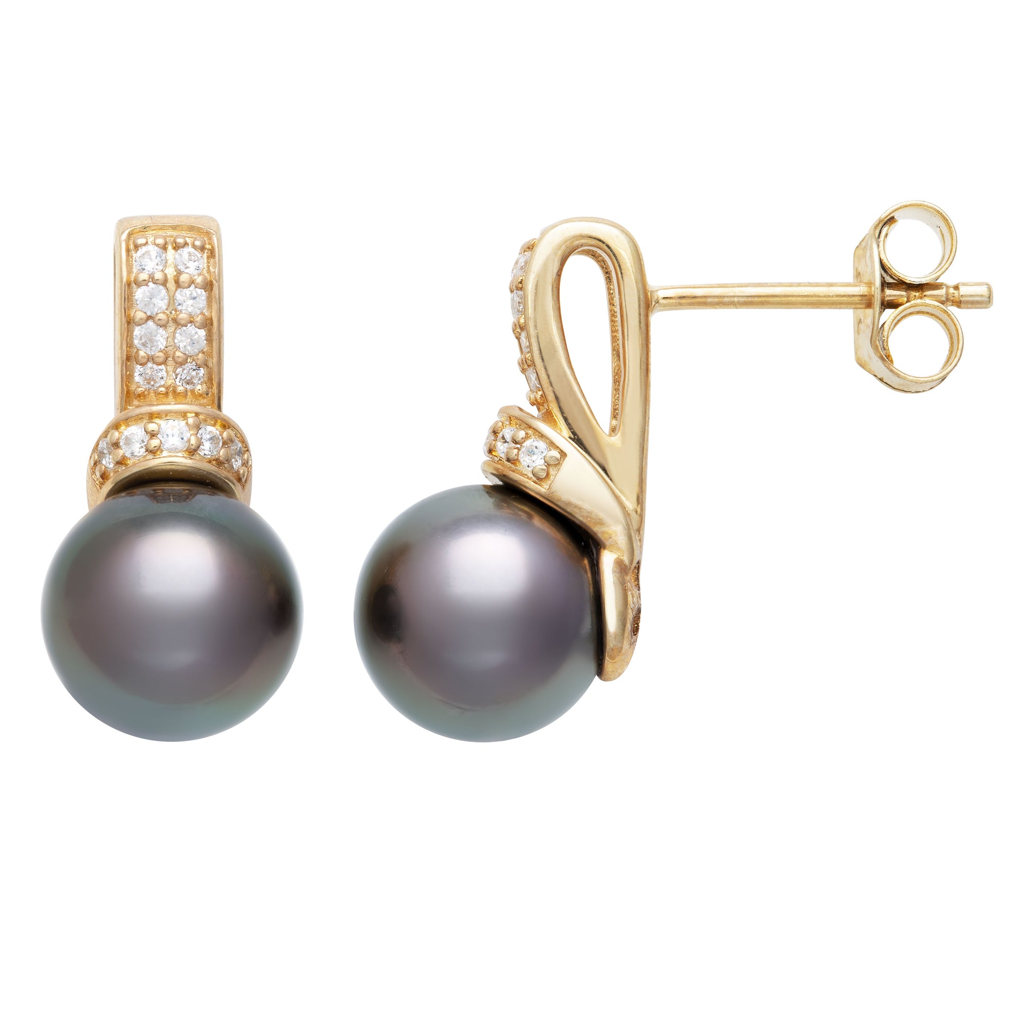 Round Stud Earrings | 14K Yellow Gold | 0.15 Carat Lab Grown Diamond/Black Tahitian Pearl | 8mm - 9mm | H-I-I2-I3