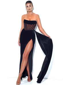Priya Draping Corset High Slit Velvet Gown | Black