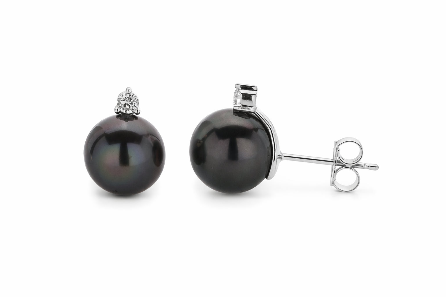 Round Stud Earrings | 14K White Gold | 1/4 Carat Lab Grown Diamond/Black Tahitian Pearl | 11mm - 12mm | G-SI
