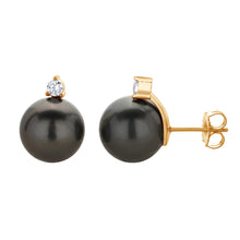 Round Stud Earrings | 14K Yellow Gold | 0.25 Carat Lab Grown Diamond/Black Tahitian Pearl | 12mm - 13mm | H-I-I2-I3