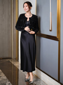Triacetate Waist-Cinching A-Line Dress | Black