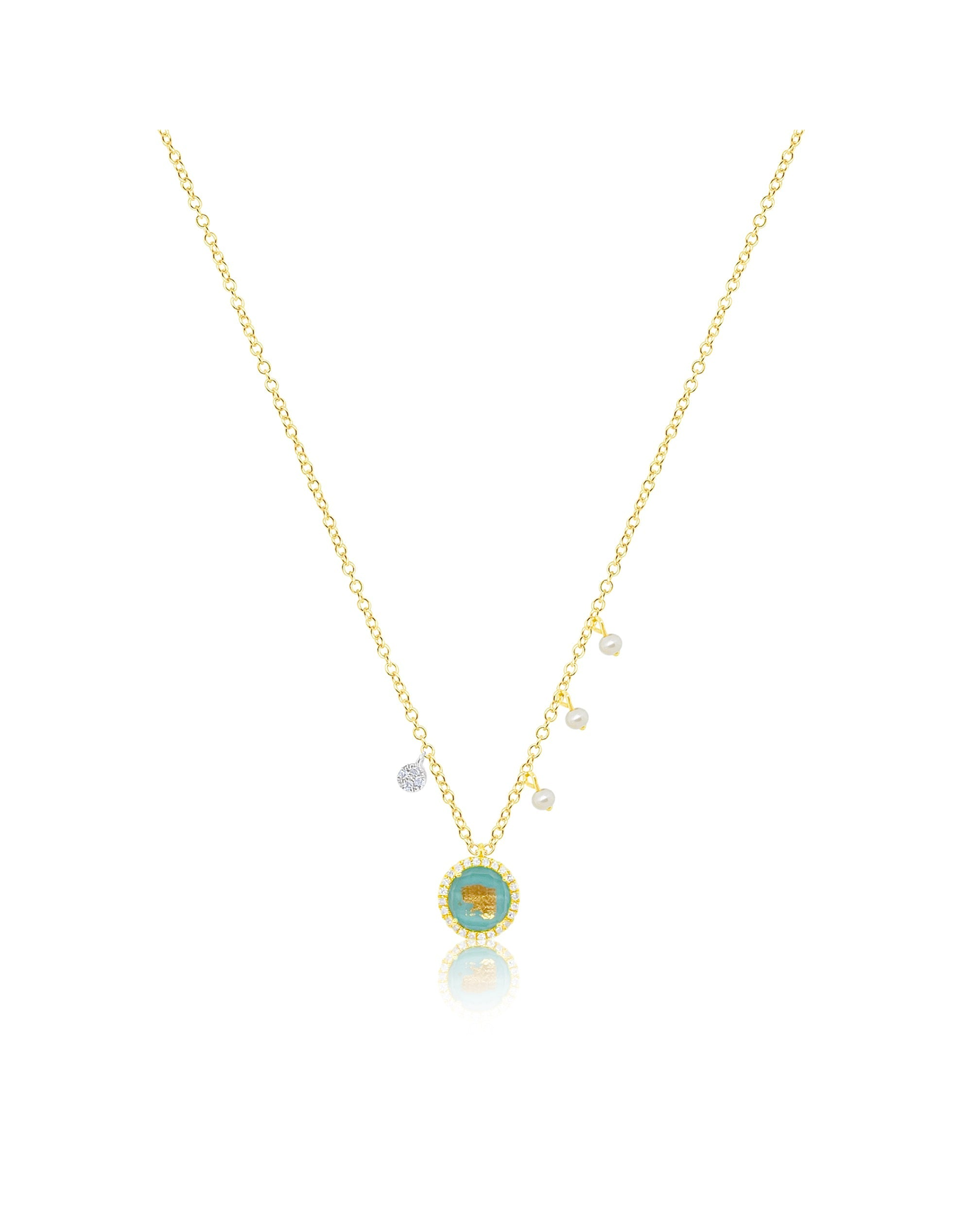 Dainty Tuquoise Pendant Mini Pearl Charm Necklace | 14kt Yellow Gold