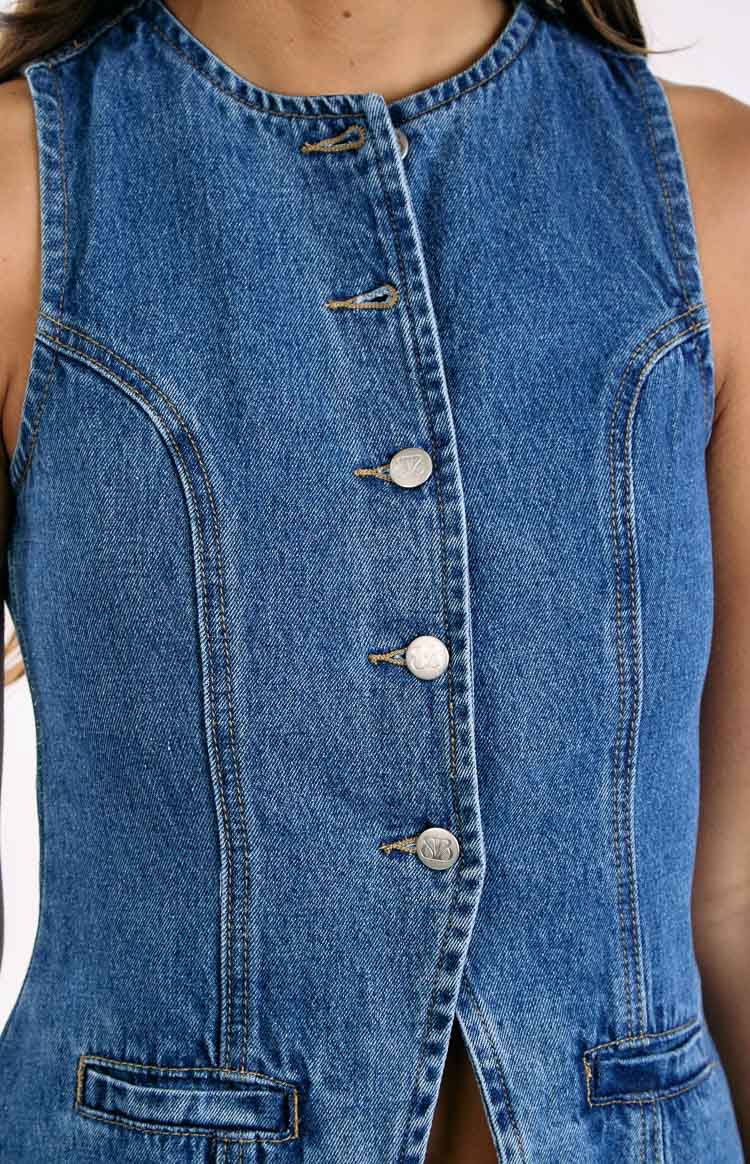 Dawson Denim Button Down Vest Top | Mid Wash