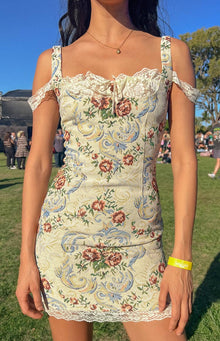 Beginning Boutique Daydreaming Beige Tapestry Mini Dress beige tapestry mini dress with lace sweetheart neckline and off-shoulder straps