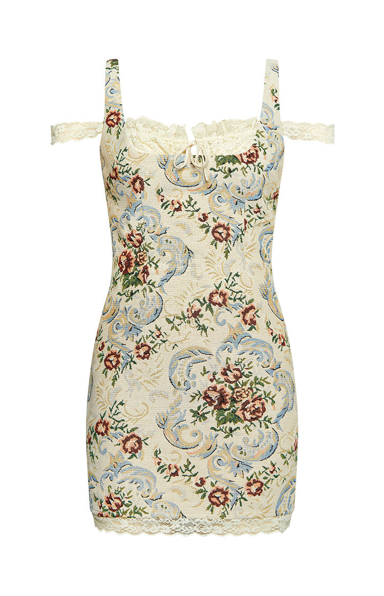 Beige floral tapestry mini dress with sweetheart neckline, lace trim, and detached cold-shoulder lace sleeves