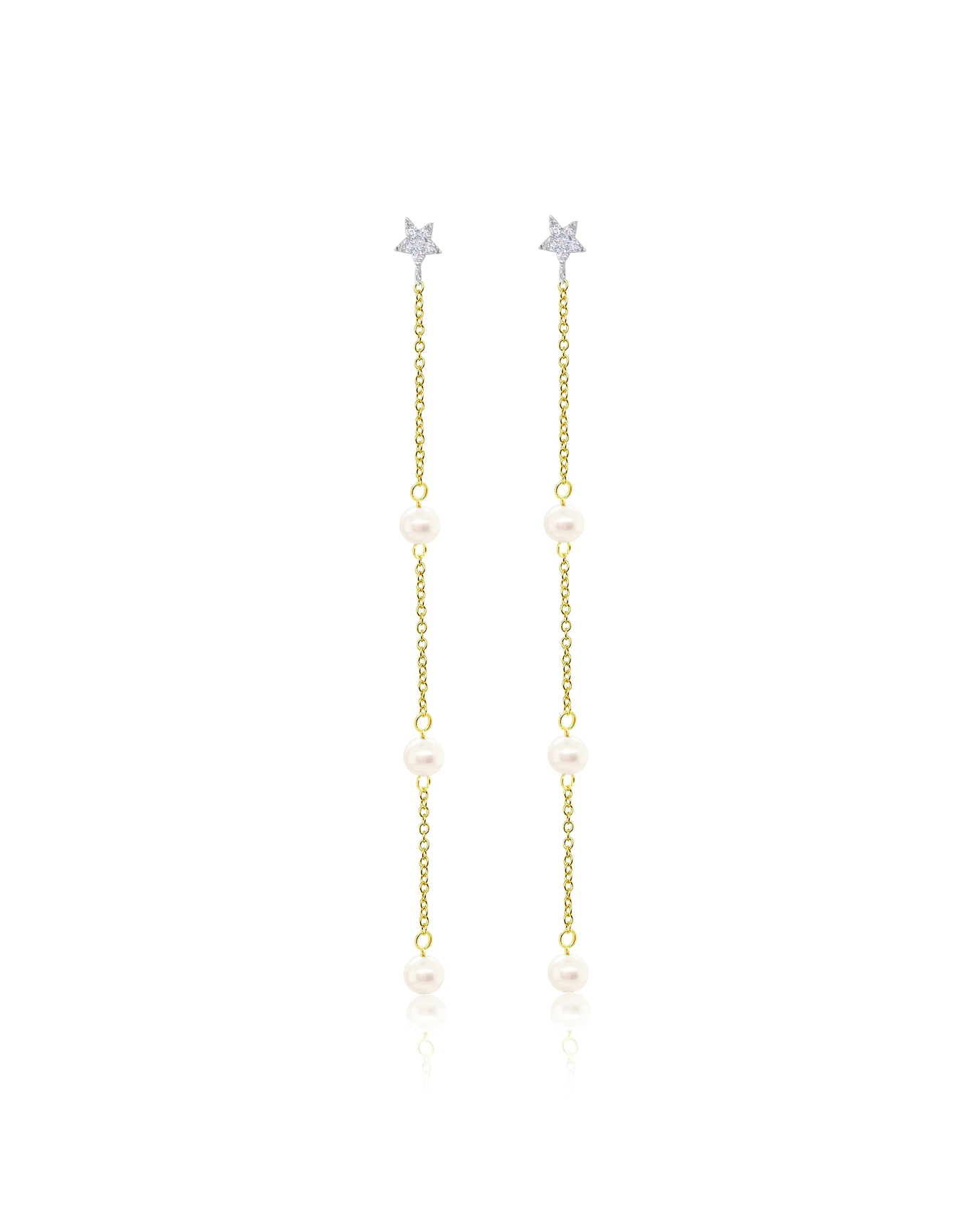 Diamond Star and Pearl Drop Chain Earrings Diamond | 14kt Yellow Gold