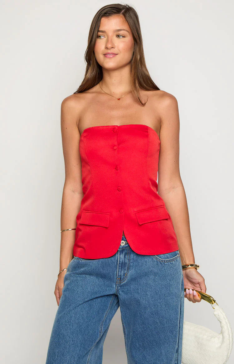 Dien Strapless Button Up Top | Red