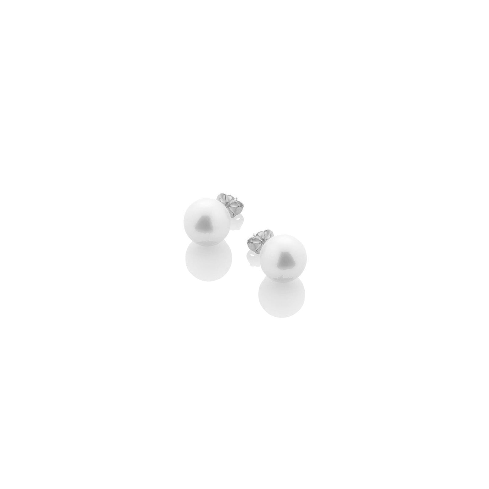 14k white gold White Pearl Stud Earrings on a white background
