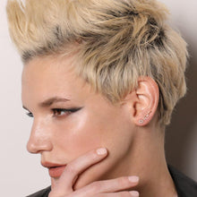 14K recycled gold Full Pavé Small Ripple Climber Earring styled on an ear with a full pavé ripple stud