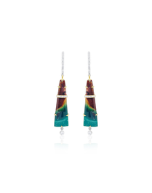 Yellow and Diamond and Opalized Wood Cocktail Earrings | 14kt White Gold
