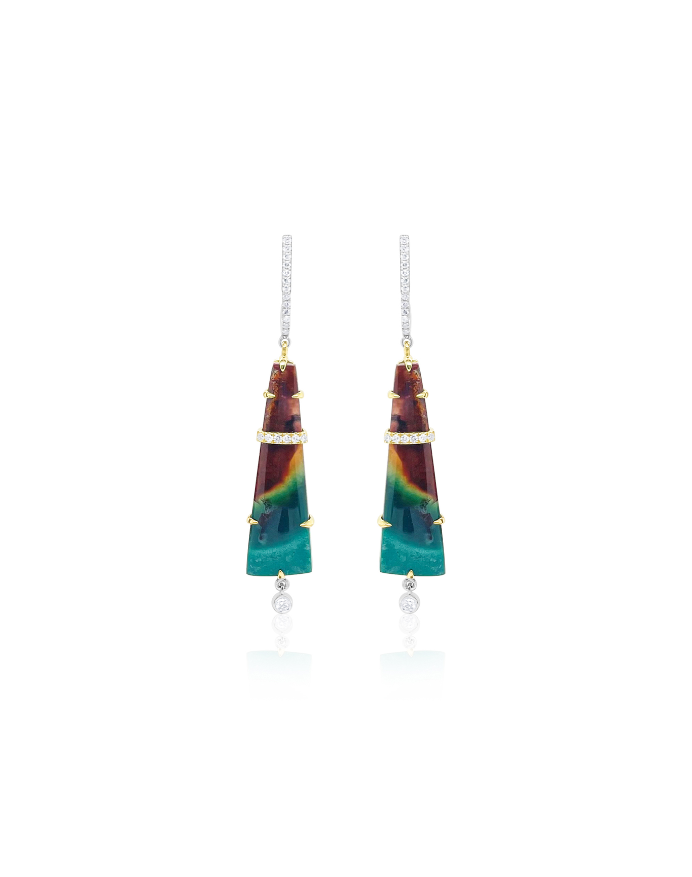 Yellow and Diamond and Opalized Wood Cocktail Earrings | 14kt White Gold