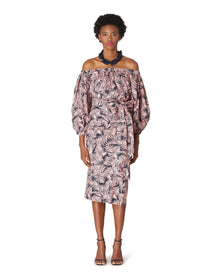 Off Shoulder Puff Sleeve Ruched Midi Dress With Tie | Midnight Multi