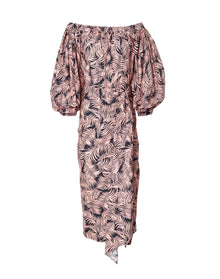 Off Shoulder Puff Sleeve Ruched Midi Dress With Tie | Midnight Multi