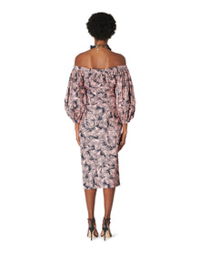 Off Shoulder Puff Sleeve Ruched Midi Dress With Tie | Midnight Multi