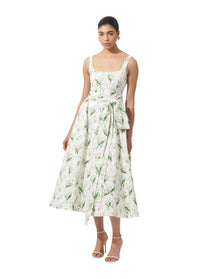 Thin Strap Scoop Neck Full Dress with Sash | White Multi