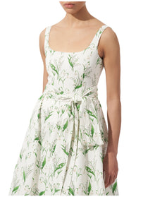 Thin Strap Scoop Neck Full Dress with Sash | White Multi