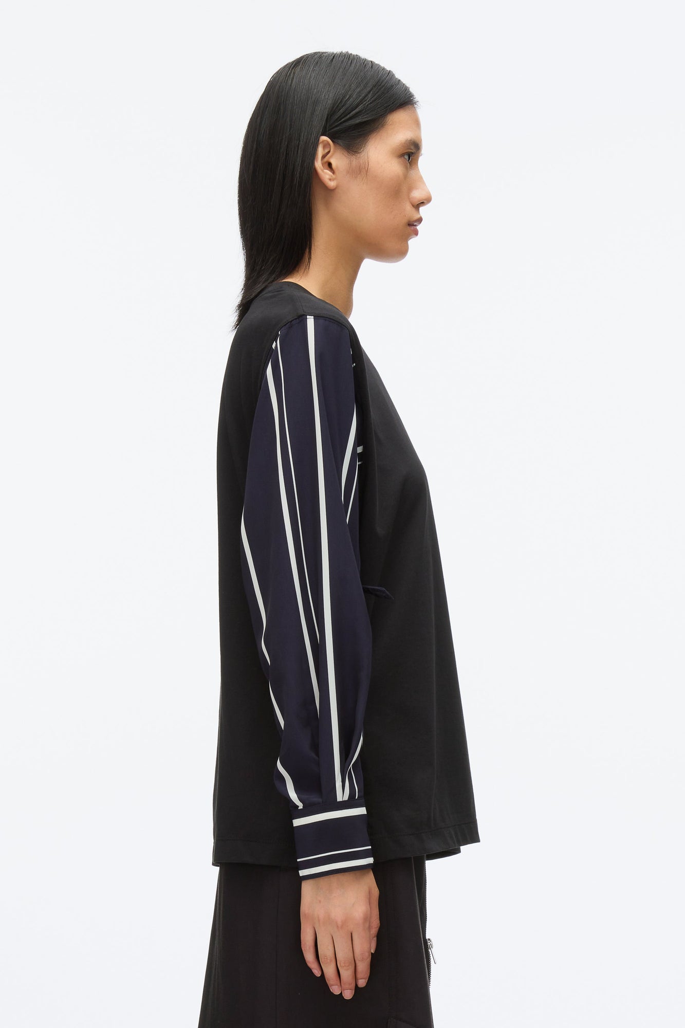 Long Sleeve Tee with Stripe Shirting Sleeves | Black/Midnight