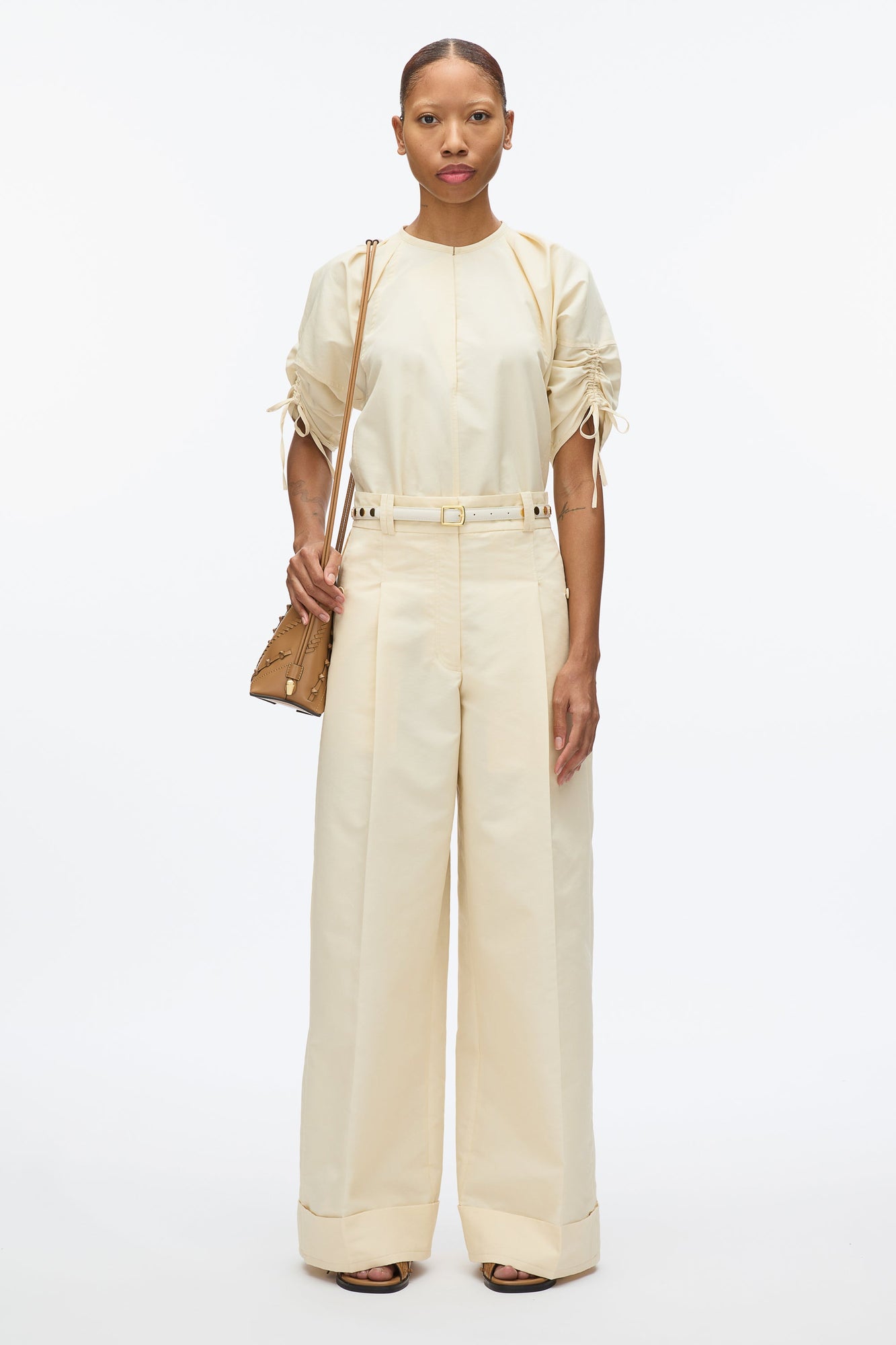 Gathered Sleeve Band Collar Top | Gardenia