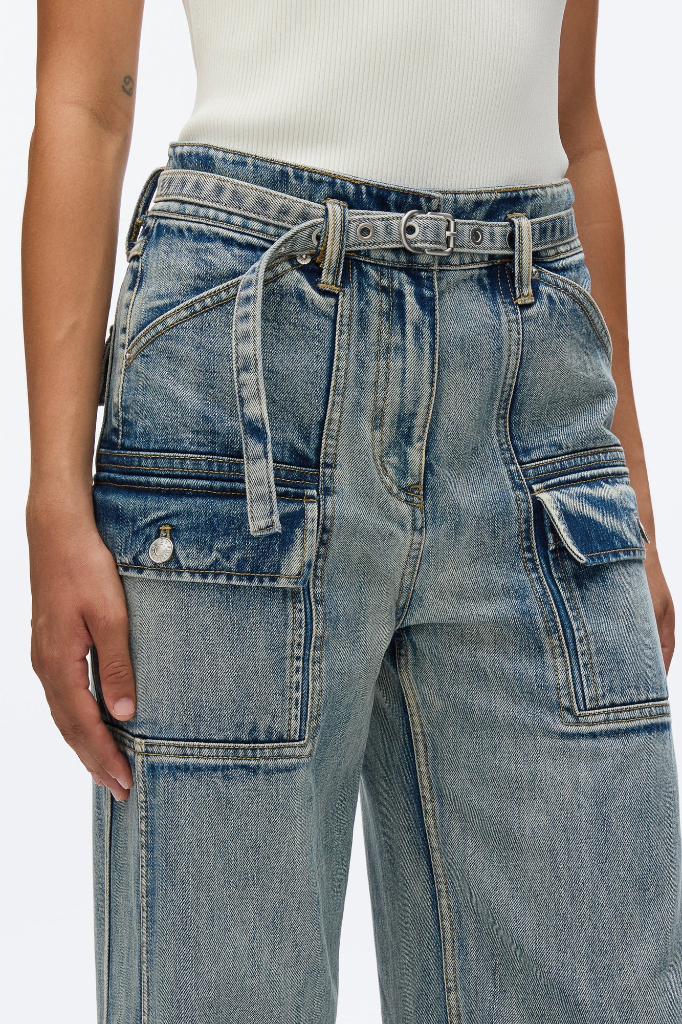 Cargo Wide Leg Belted Jeans | Washed Indigo