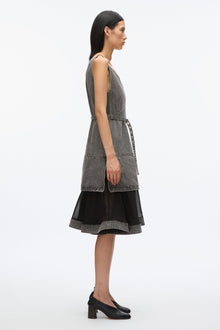 Denim V-Neck Dress with Chiffon Hem | Washed Grey